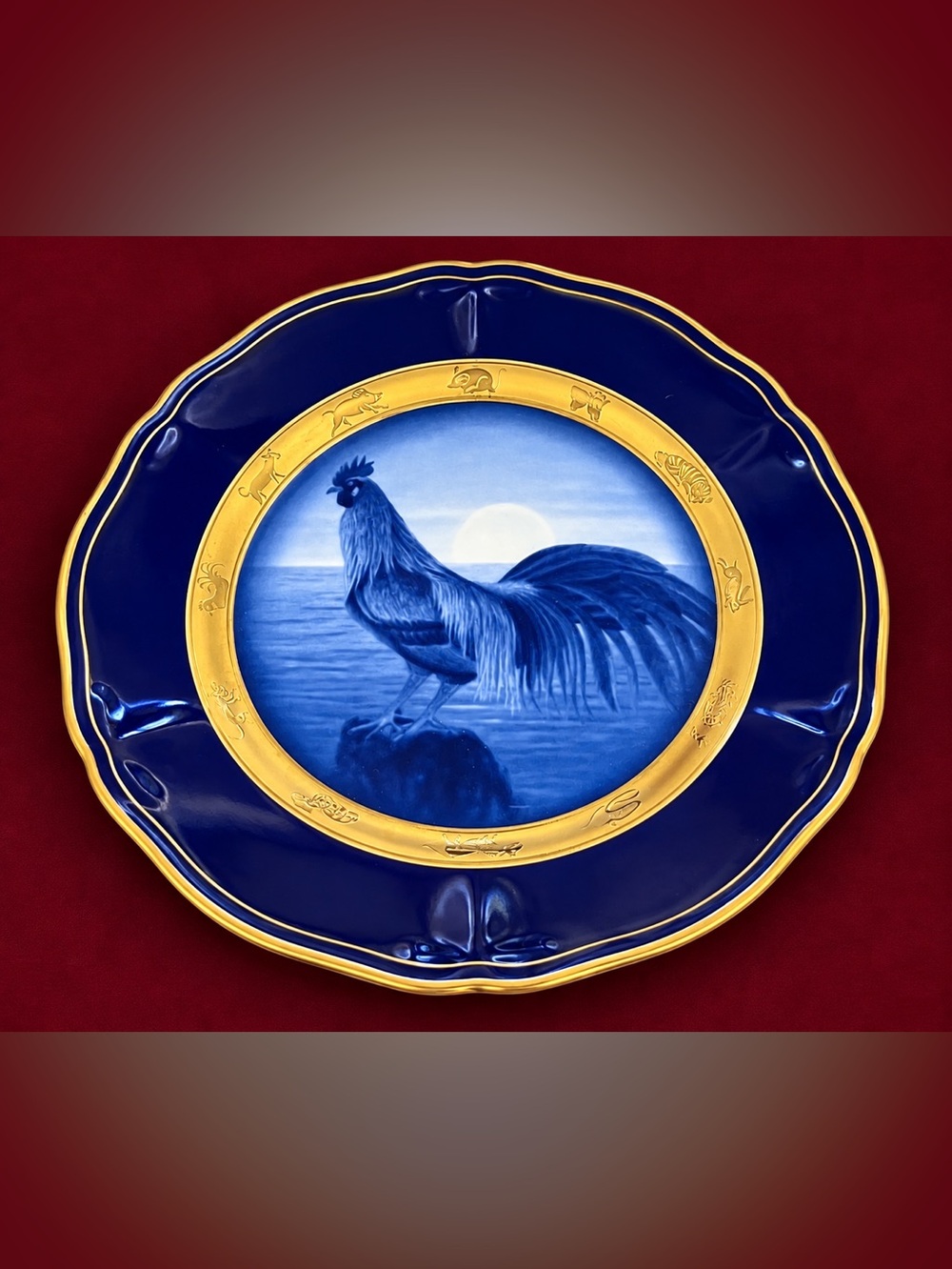 Noritake Japan Totenko Rooster Collector Plate Cobalt Blue Gold Trim
